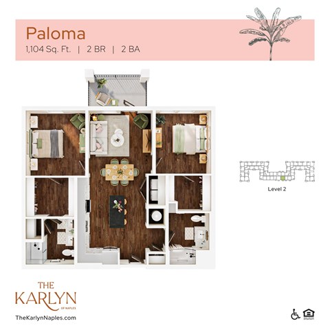 Floor plan for 2 beds, 2 baths, 1104 sqft